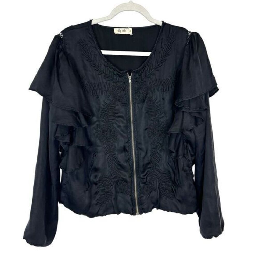Deby Debo Blouse Jacket Womens Black Yucca Embroidered Flutter Ruffle Zip XL